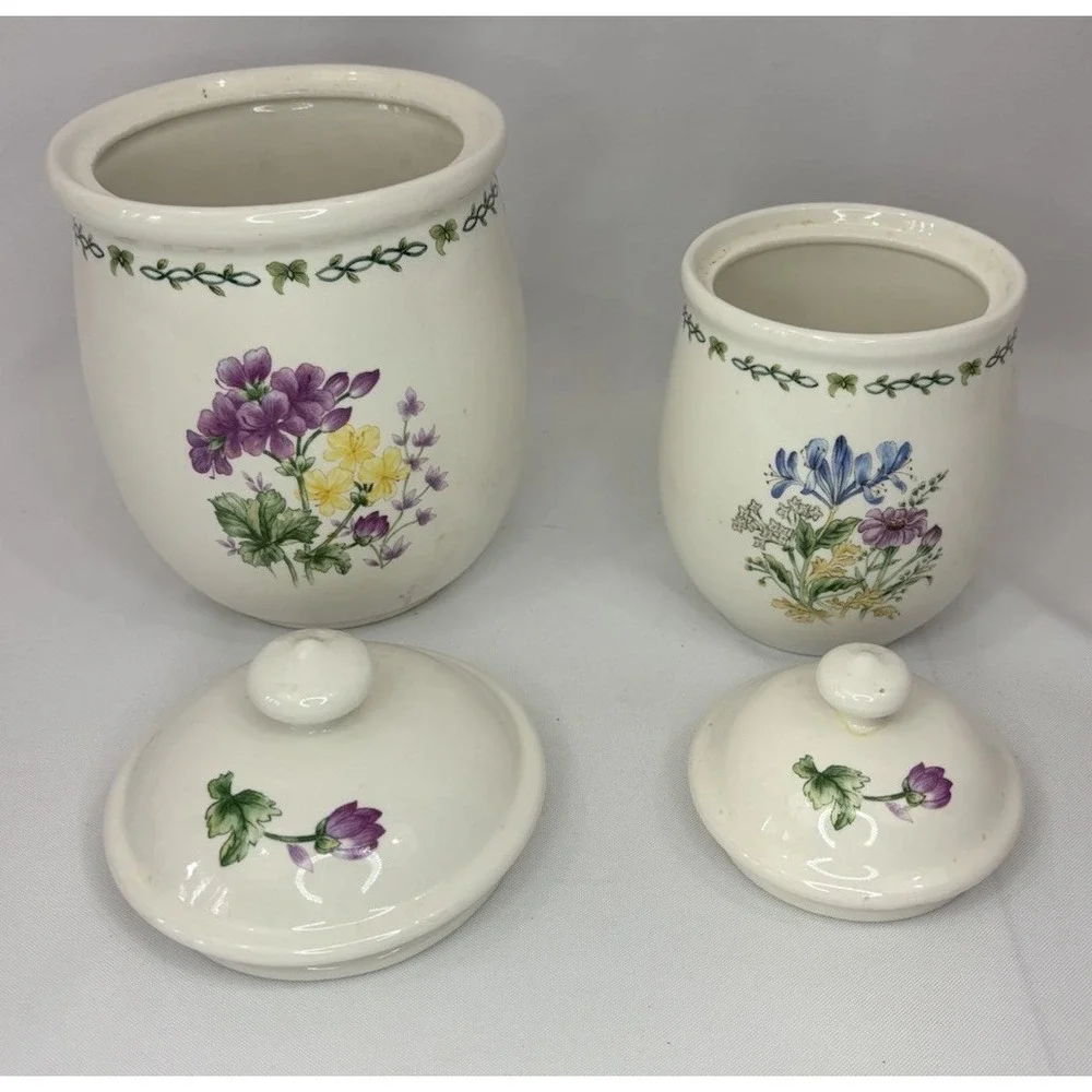 Thomson Pottery Garden Canister Set Of Two All With Lids Vintage